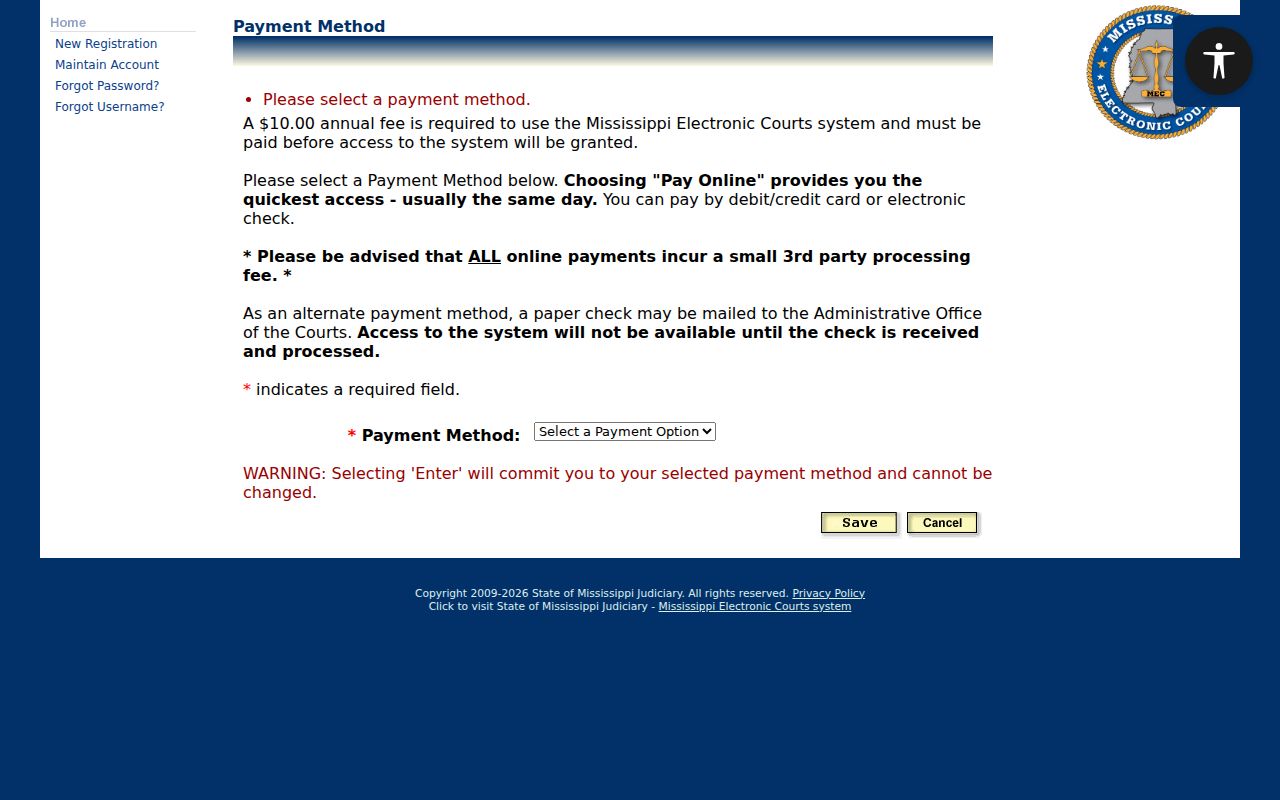Perry County case search MEC payment method options