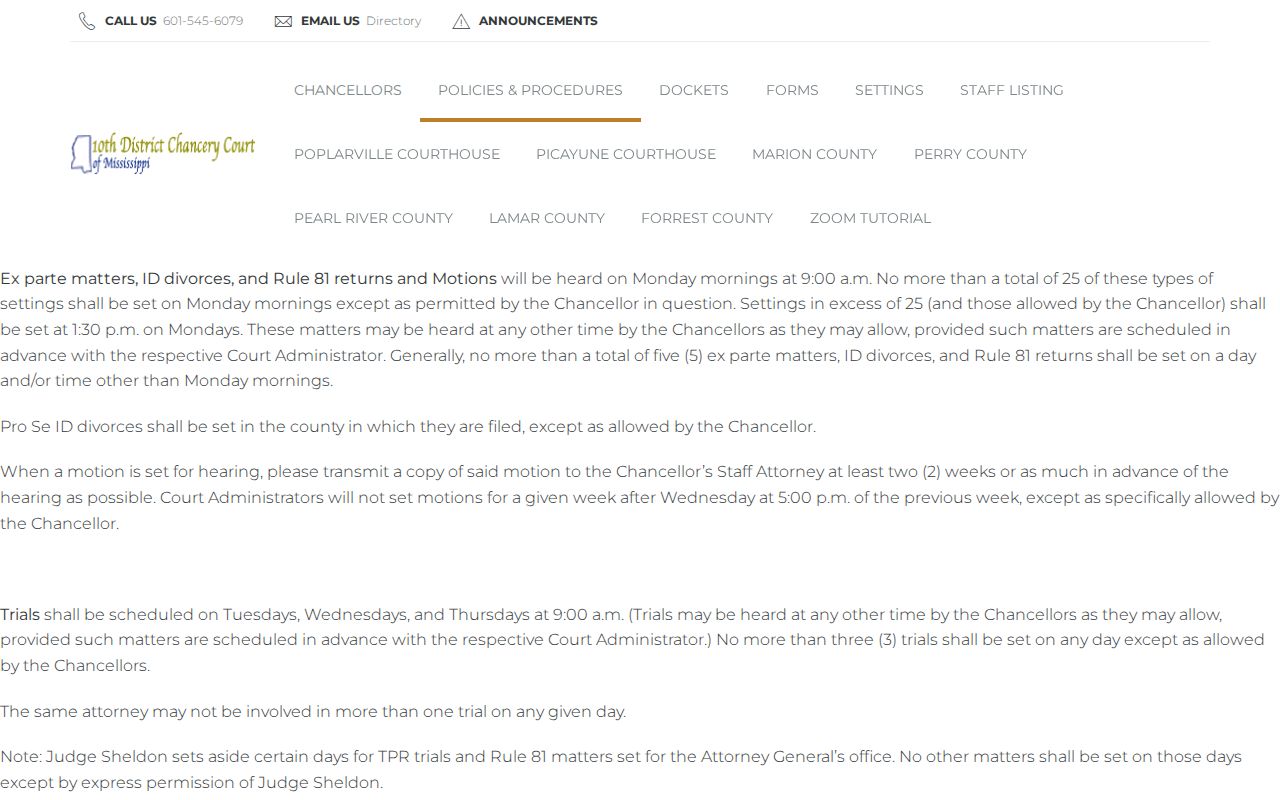Perry County civil docket Chancery settings procedures