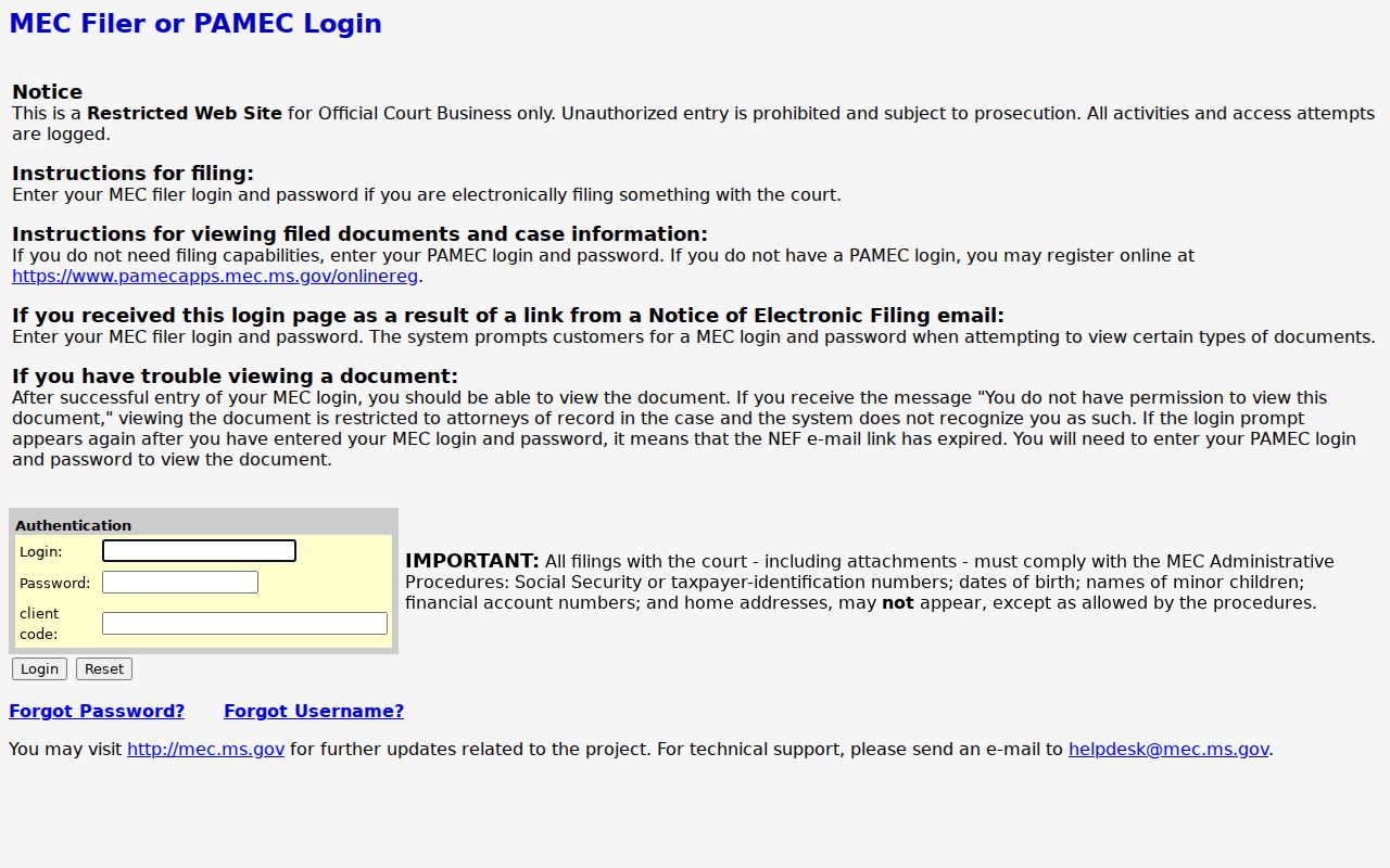 Perry County criminal docket PAMEC login notice