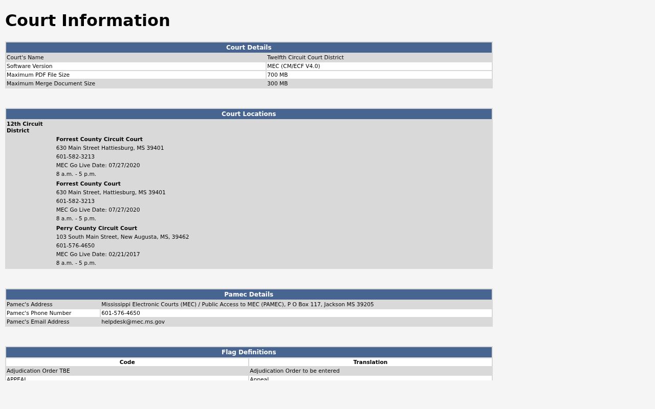 Perry County criminal docket MEC Court Information screen